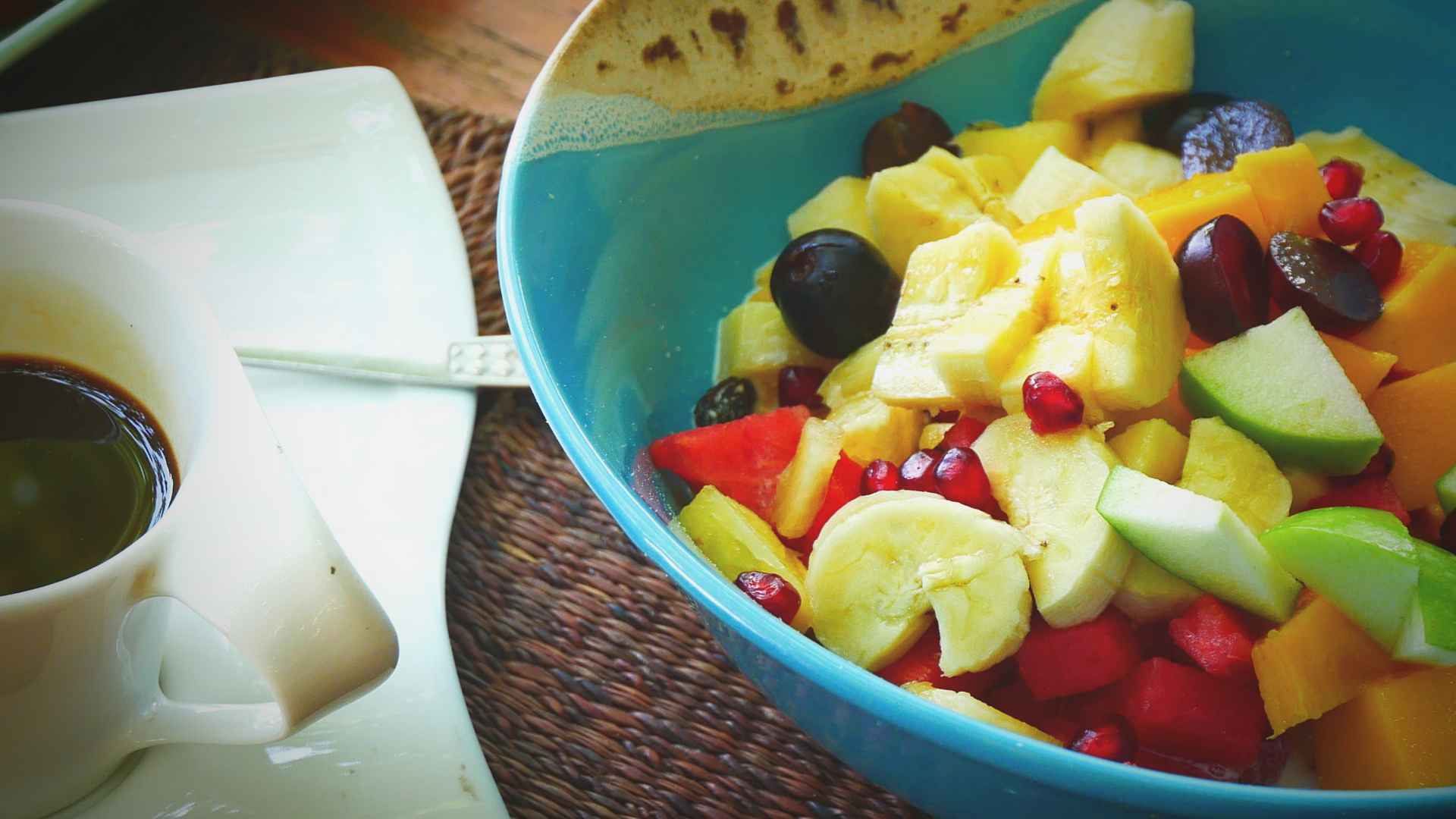 Healthy food - coffee and fruit salad